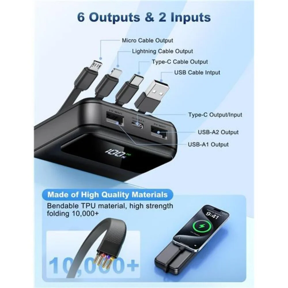 Portable Charger 50000mAh Power Bank Fast Charging USB C Built In Cables